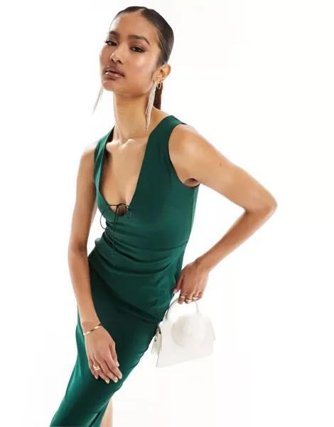 Эксклюзивное облегающее платье средней длины Vesper зеленого цвета с бантом