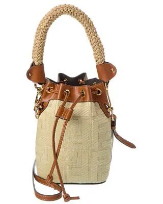 Fendi Mon Tresor Mini FF Женская сумка-мешок из рафии и кожи коричневая
