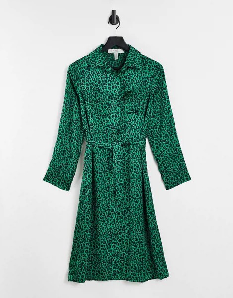Зеленое платье-рубашка миди с поясом и леопардовым принтом Liquorish-Разноцветный