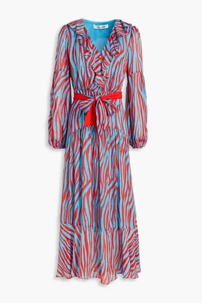 Платье миди из крепдешина с принтом и оборками Jaxson Diane Von Furstenberg, светло-синий