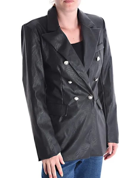 Двубортный пиджак из искусственной кожи на подкладке, черный