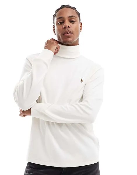 Polo Ralph Lauren — белая футболка с воротником из хлопка пима с длинными рукавами и логотипом