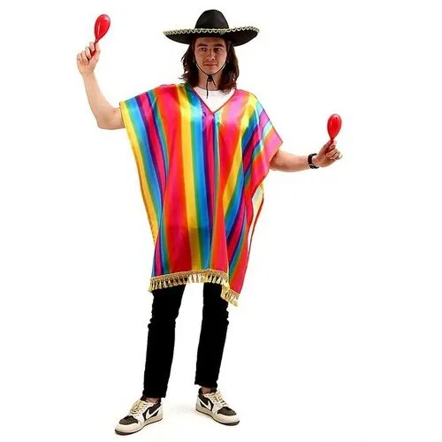 Карнавальное пончо «Мексиканское», прямоугольное, разноцветные полоски, шляпа, маракасы