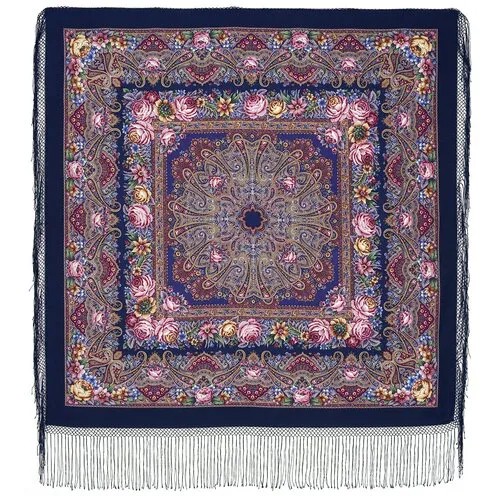 Платок Павловопосадская платочная мануфактура,148х148 см, синий, розовый