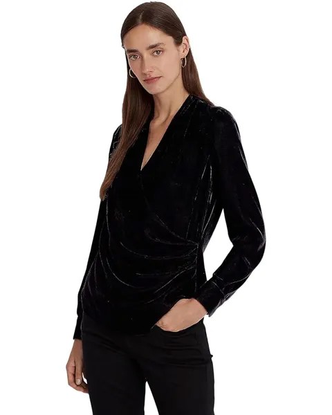 Блуза LAUREN Ralph Lauren Petite Pleated Velvet Surplice, черный
