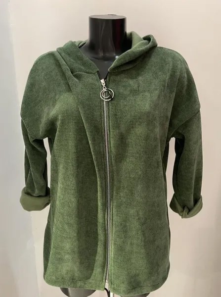 Бархатная толстовка с карманами и капюшоном на молнии, зеленый