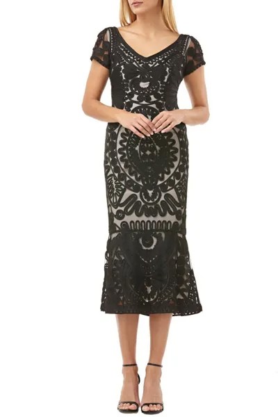 JS COLLECTIONS Черное сутажное чайное платье миди телесного цвета с v-образным вырезом и рифленой вышивкой 4 США
