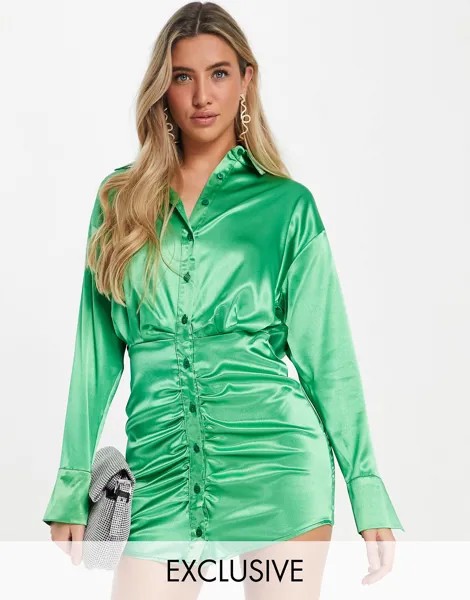 Зеленое атласное платье-рубашка со сборками ASYOU