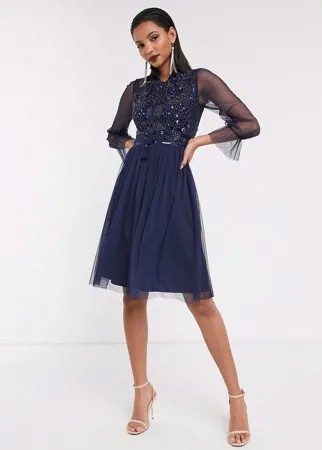 Сетчатое приталенное платье с длинными рукавами Frock & Frill-Темно-синий