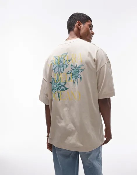 Topman — супер-оверсайз-футболка цвета экрю с цветочным принтом