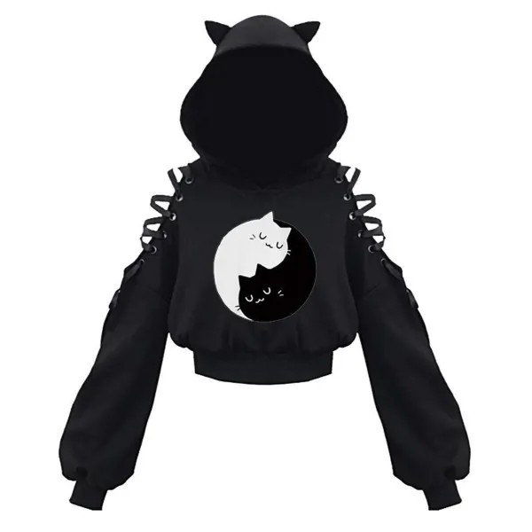 Кошка Ухо Hoodie Pullover Длинный рукав с капюшоном Sweatshirt Симпатичные блузки