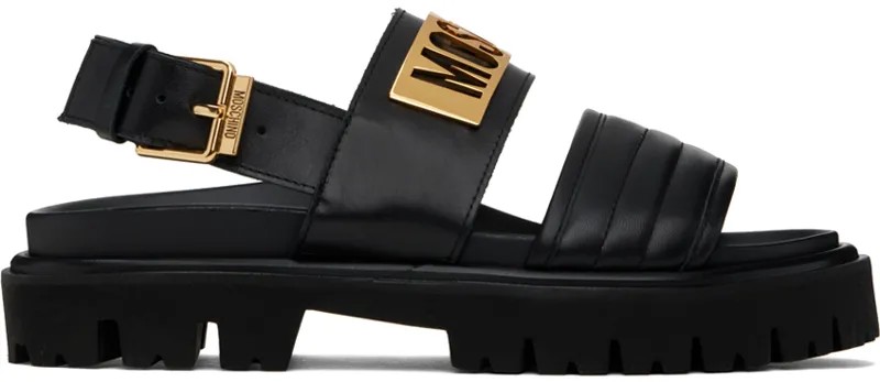 Черные сандалии из телячьей кожи с пластинкой с логотипом Maxi Moschino, цвет Black