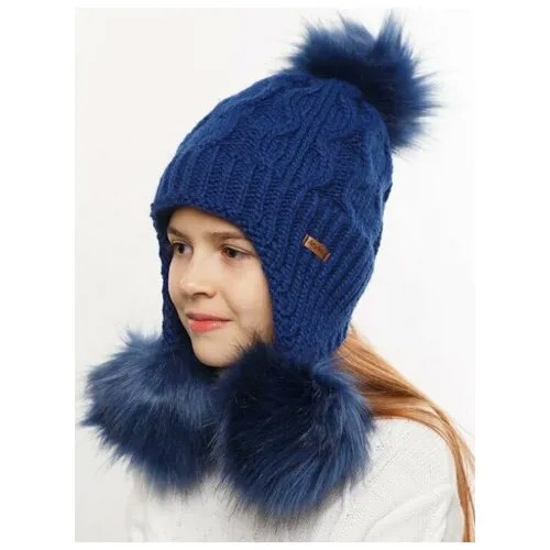 Детская шапка-ушанка с тремя меховыми помпонами, детская вязаная шапка-ушанка, синий цвет, размер 54-56