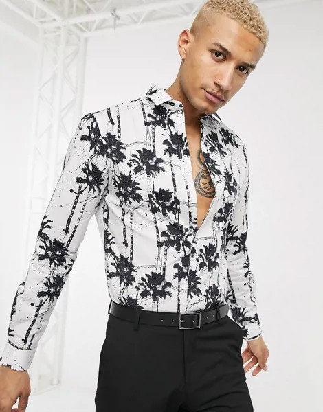 Черно-белая приталенная рубашка с пальмовым принтом Twisted Tailor-Белый