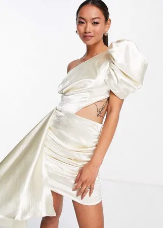 Платье мини с пышными рукавами и запахом цвета экрю VL The Label-Белый