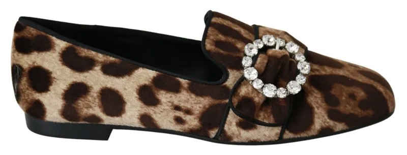 DOLCE - GABBANA Туфли Коричневые лоферы с леопардовым принтом и кристаллами на плоской подошве EU35/US4,5 $900