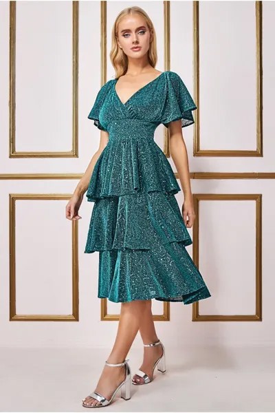 Многоярусное платье миди с пайетками Goddiva, зеленый