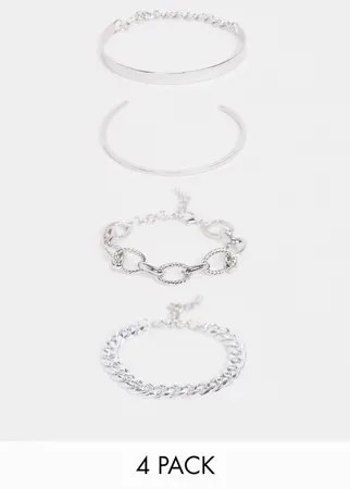 Набор серебристых браслетов из цепочки с неоднородными звеньями и браслетов-манжетов Ego-Серебристый