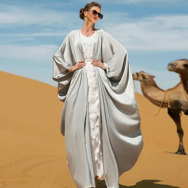 Eid Abaya Dubai Рамадан 2 комплекта кафтан марокканский Серебряный рукав летучая мышь кардиган халат и платье вечернее модное мусульманское Djellaba ...