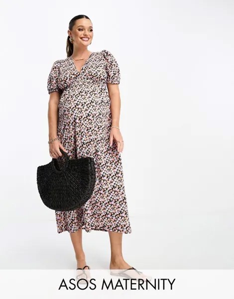 ASOS DESIGN Maternity – плиссированное платье миди с объемными рукавами и нежным цветочным узором