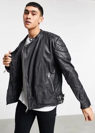 Черная кожаная байкерская куртка со стеганой отделкой ASOS DESIGN-Черный цвет