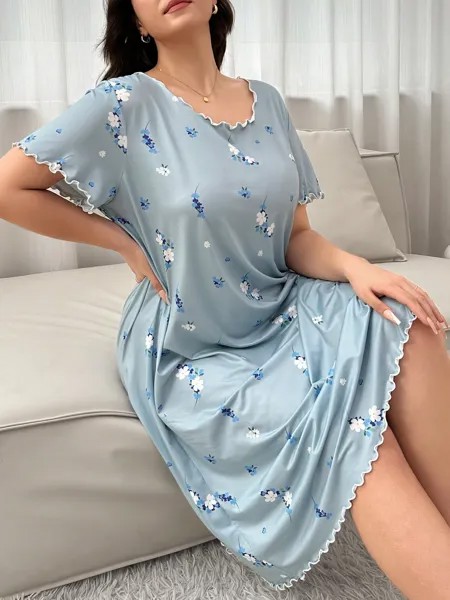 Летняя ночная рубашка, цветочный принт, круглый вырез, короткие рукава, большие размеры, синий