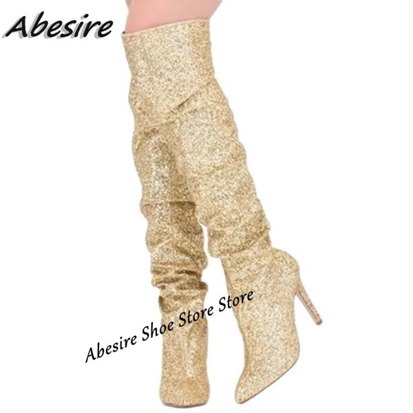 Женские блестящие высокие сапоги Abesire, однотонные Серебристые Сапоги выше колена на высоком каблуке, осенне-зимняя обувь большого размера