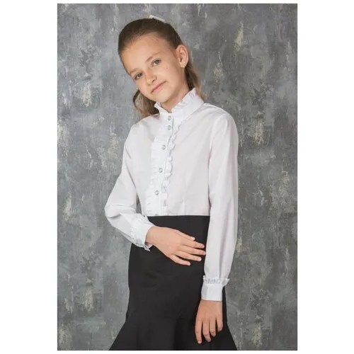 Школьная блуза , полуприлегающий силуэт, на кнопках, длинный рукав, однотонная, размер 128, белый