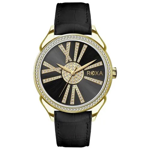 Наручные часы, кварцевые, на кожаном черном ремешке, золотой корпус, со стразами, женские, повседневные, ROXA LB637GBL