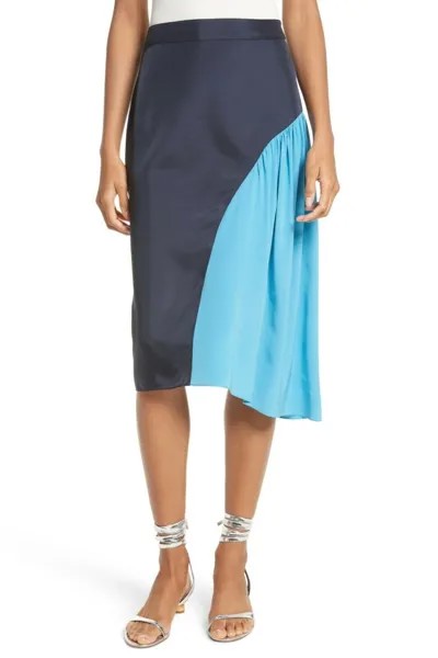 TIBI Темно-синяя асимметричная юбка из шелковой ткани с цветными блоками и драпировкой 4