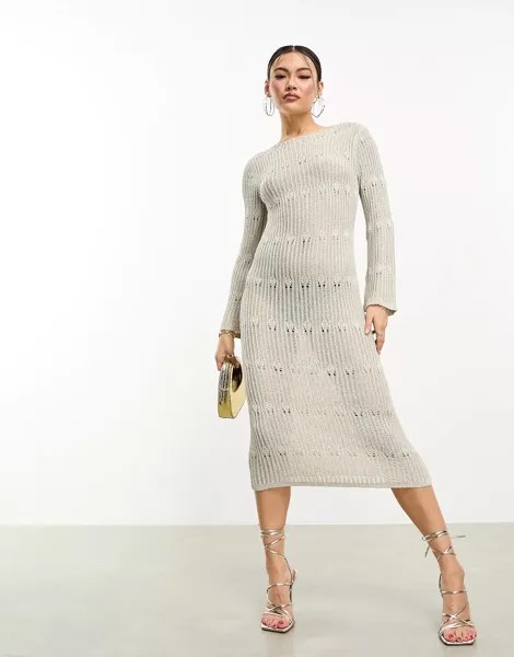 Платье макси Asos Design Metallic Knitted With Stitch Detail, серебристый