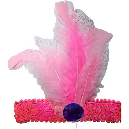 Повязка Лайзы на голову с пером цвет светло - розовая с фиолетовым камнем