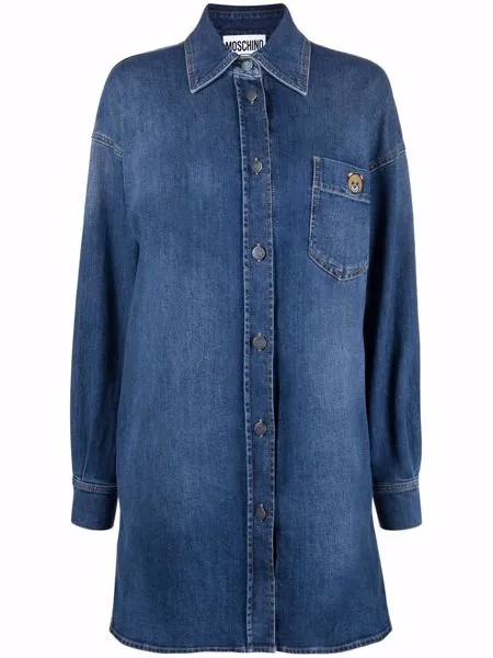 Moschino Teddy Bear logo-plaque denim shirt dress