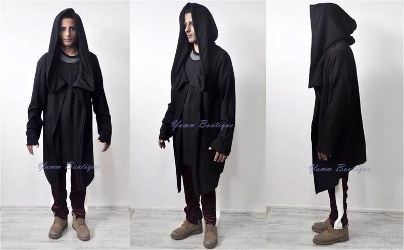 Assassin's Creed Для мужчин негабаритных кофты с капюшоном с длинным рукавом/с необработанными краями, плащ-накидка с капюшоном веревка Асимметрич...