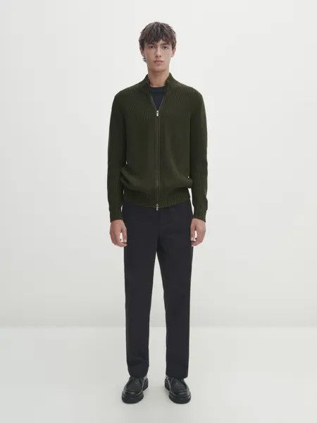 Кардиган из хлопкового трикотажа на молнии Massimo Dutti, темно-зеленый