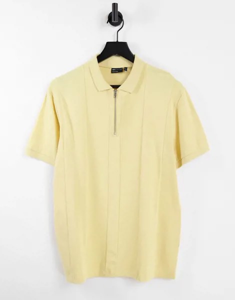Желтая выбеленная футболка поло из ткани пике на молнии со вставками ASOS DESIGN-Желтый