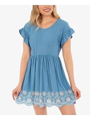 SPECHLESS Женское синее вязанное крючком мини-платье с короткими рукавами + расклешенное платье для юниоров L