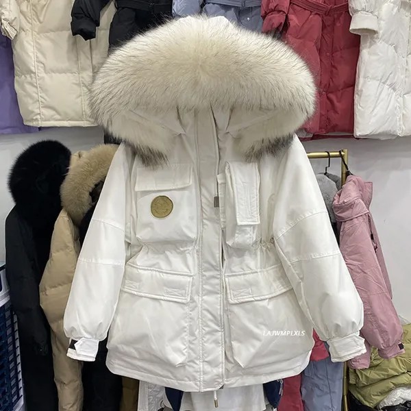 Зимняя новинка, большой натуральный мех енота, куртка с капюшоном для женщин, 90% белый утиный пух, плотное пальто, высокая талия, свободная ветровка, теплая верхняя одежда