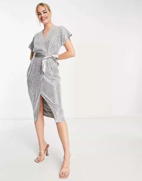 Серебристое платье миди-кимоно с запахом и пайетками Closet London