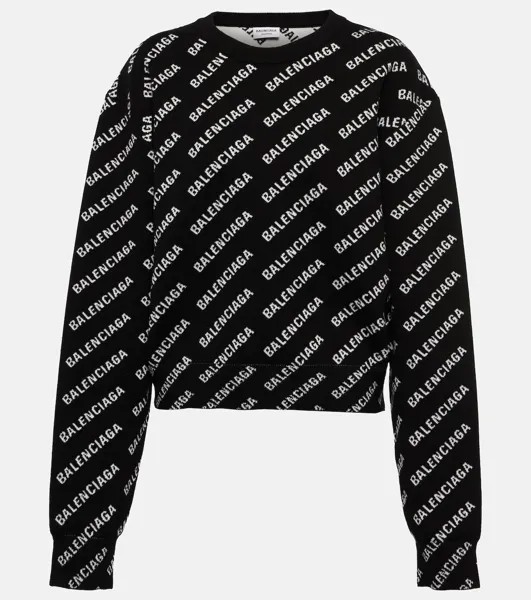 Жаккардовый свитер с логотипом из смесового хлопка BALENCIAGA, черный