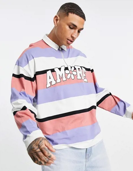 Футболка-поло в полоску в стиле oversized с длинными рукавами и текстовым принтом ASOS DESIGN-Multi