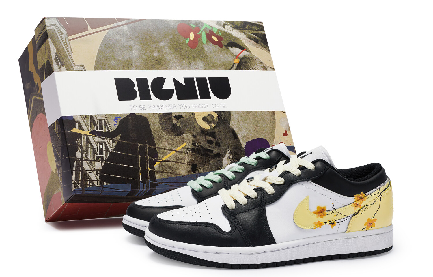 Кроссовки Air Jordan 1 Vintage Basketball Shoes Women's Low-top Yellow/Green, черный/белый/желтый/зеленый