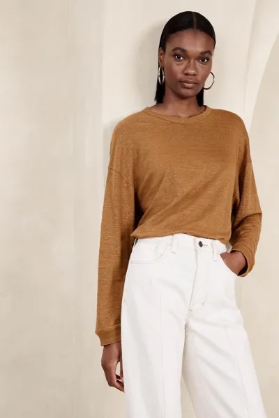 Льняной топ «летучая мышь» с длинными рукавами Banana Republic, коричневый