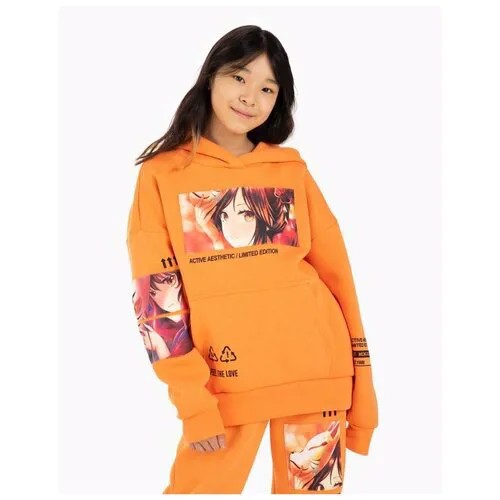 Оранжевое худи oversize с аниме-принтом для девочки Gloria Jeans, размер 14+/164