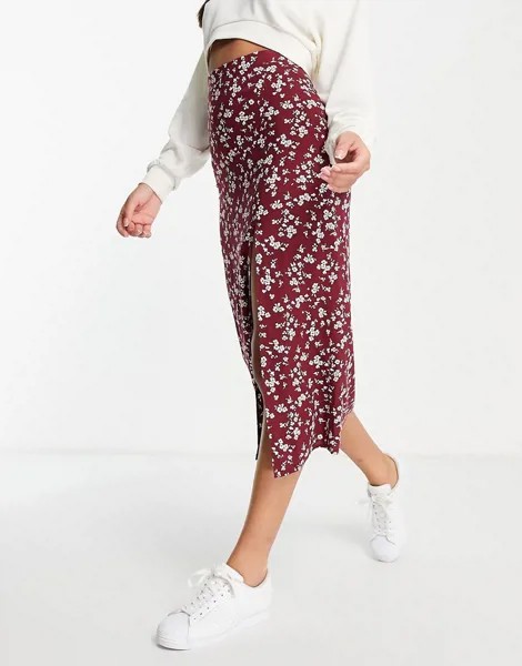 Бордовая юбка миди с цветочным принтом и разрезом (от бедра) ASOS DESIGN-Разноцветный