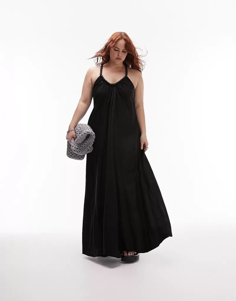 Черное платье-комбинация макси с жемчужными бретелями Topshop