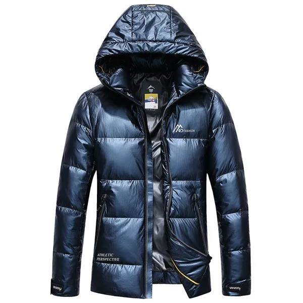 Модная сияющая Мужская куртка, синие, черные, серебристые водонепроницаемые ветрозащитные зимние куртки для мужчин, 90% белый утиный пух, Мужская парка