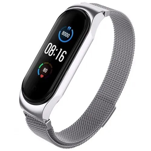 Ремешок для фитнес браслета Xiaomi Mi Band 5 и Mi Band 6 Миланская петля (20 см) / Металлический браслет для смарт часов Сяоми Ми Бенд 5 и Ми Бэнд 6 / Сменный стальной ремешок для часов премиум качества (Серебро)