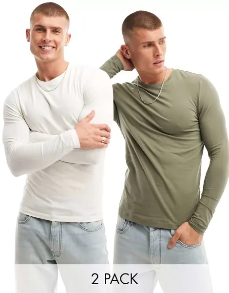 Парочка из 2 облегающих футболок с длинными рукавами ASOS цвета хаки и экрю