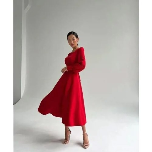 Платье трапециевидный силуэт, миди, размер 46, красный